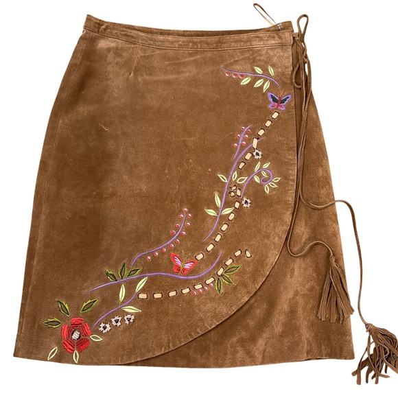 Brandon Thomas Dresses & Skirts - Brandon Thomas Womens 6 Brown Suede Embroidery Wrap Floral Butterfly Boho Skirt